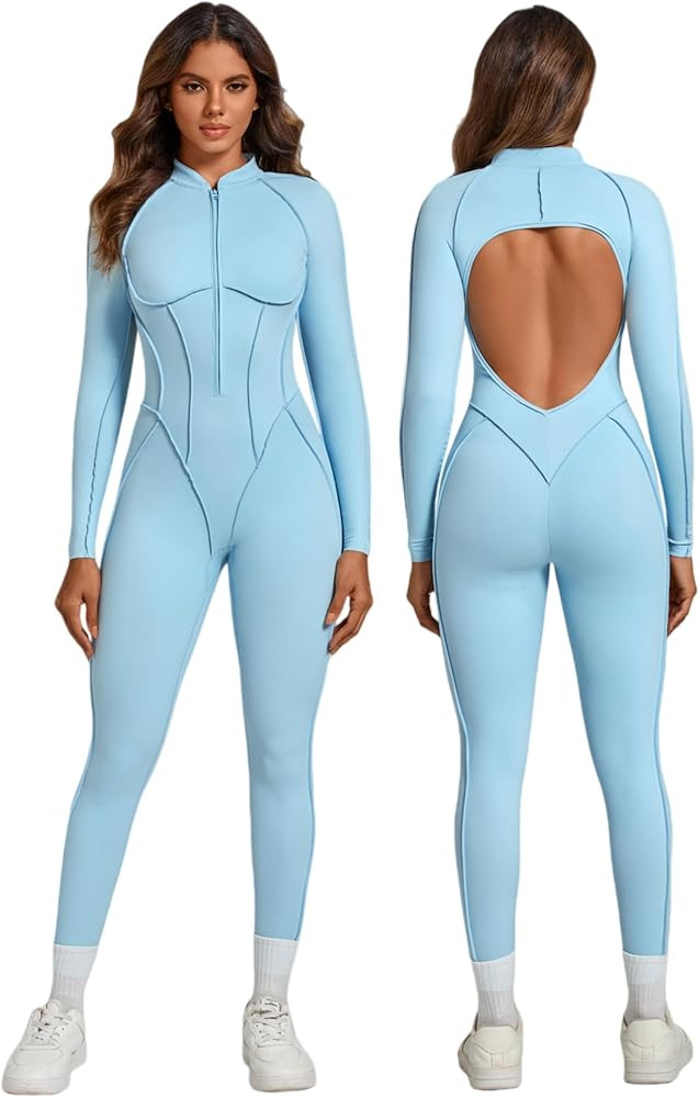 ABOCIW Womens Zipper Long Long Sleeve Workout Jumpsuit Contouring Seams Backless Bodysuit Yoga Ro... | Amazon (US)
