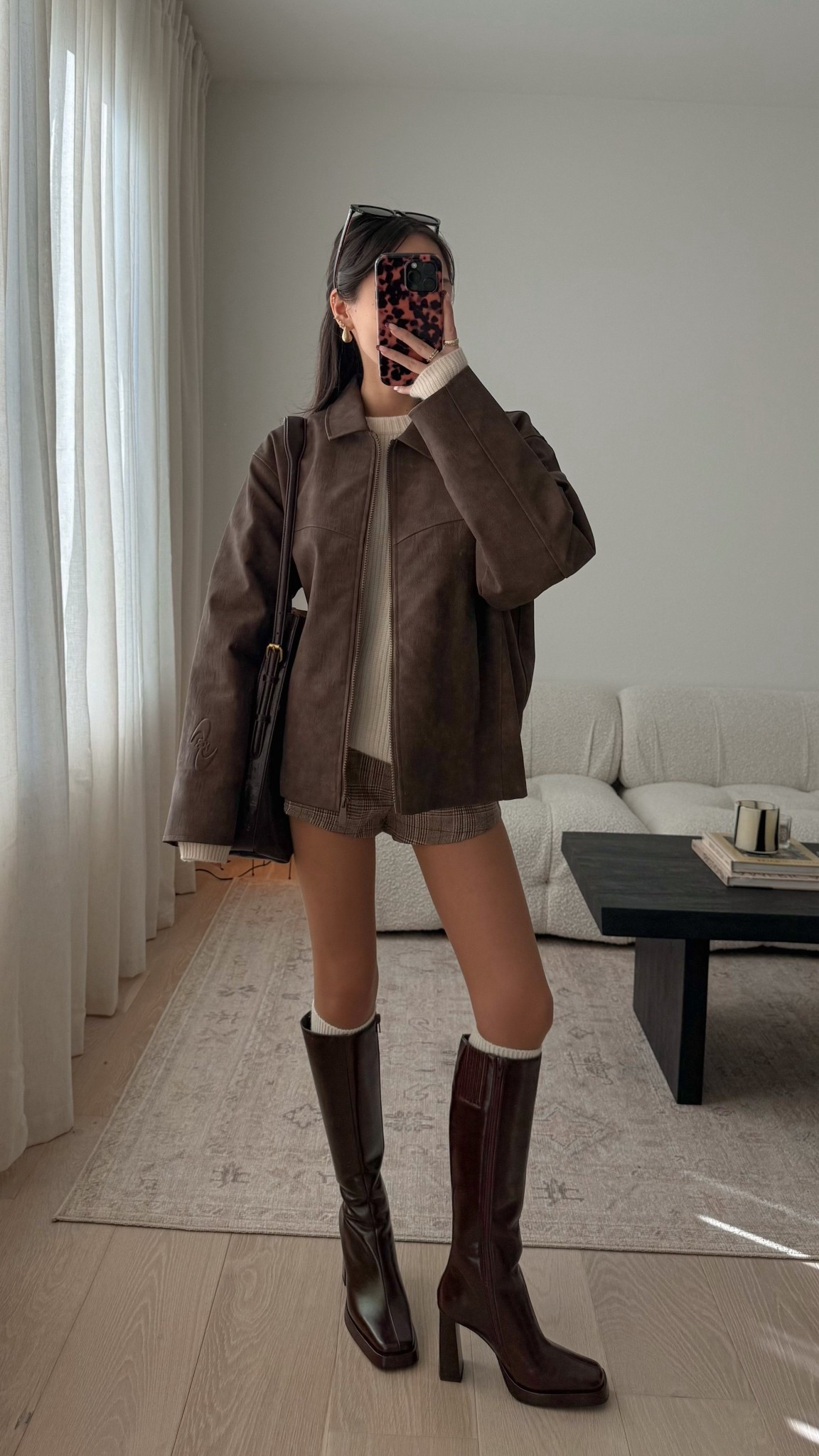 sweater and shorts are both size XS
jacket is old sisters & seekers, burgundy bag is old zara