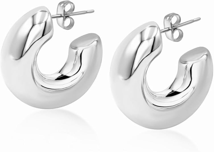 14K Gold Plated Chunky Half Hoops| Modern Lightweight Gold Earrings | Amazon (US)