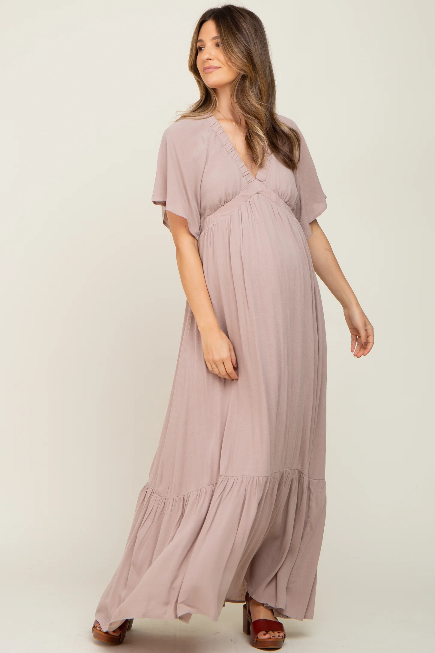 Taupe V-Neck Flounce Sleeve Maternity Maxi Dress | PinkBlush Maternity