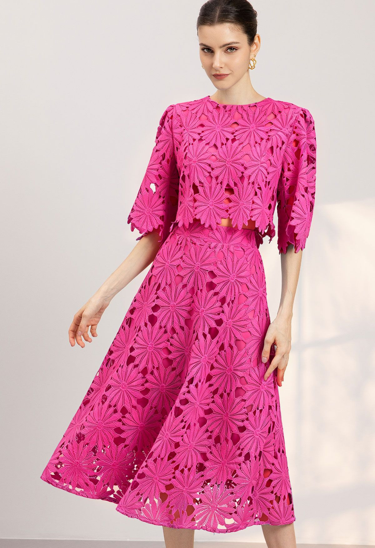 Refined Guipure Lace Crop Top and Midi Skirt Set in Hot Pink for Bridal Brunch & Tea Party | Chicwish