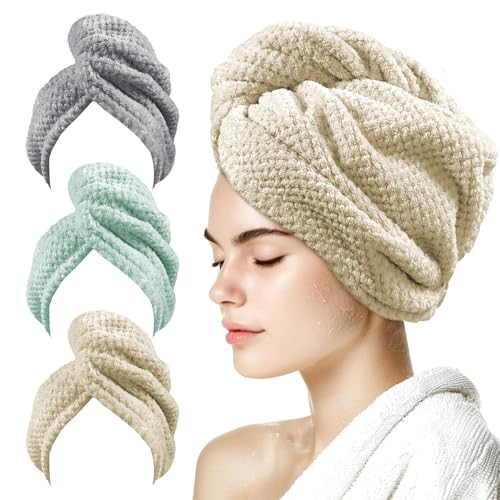 my novel things 3 Pack Hair towel wrap for women, 25.4" x 9.8" Microfiber Hair Towel, Super Absorbent Hair Towel Wrap, Quick Dry Hair Towels with Button for Curly Hair Anti Frizz (Camel,Green,Gray) | Amazon (US)