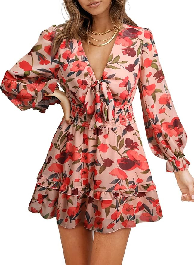 AlvaQ Womens Spring Summer Knot Front V Neck Ruffles Long Sleeve Floral Print Swing Mini Dress | Amazon (US)