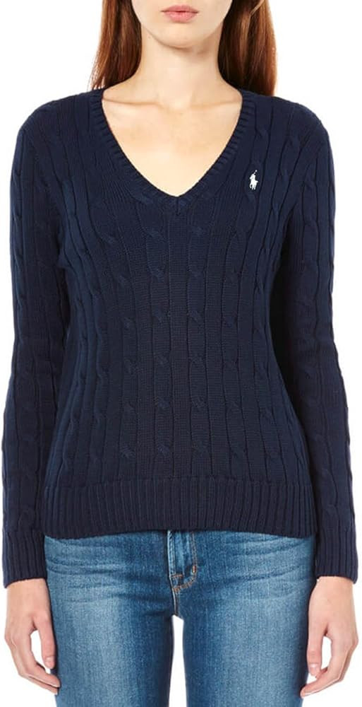 Polo Ralph Lauren Womens 100% Cotton Cable Knit V-Neck Sweater (Blue Navy, Large) | Amazon (US)