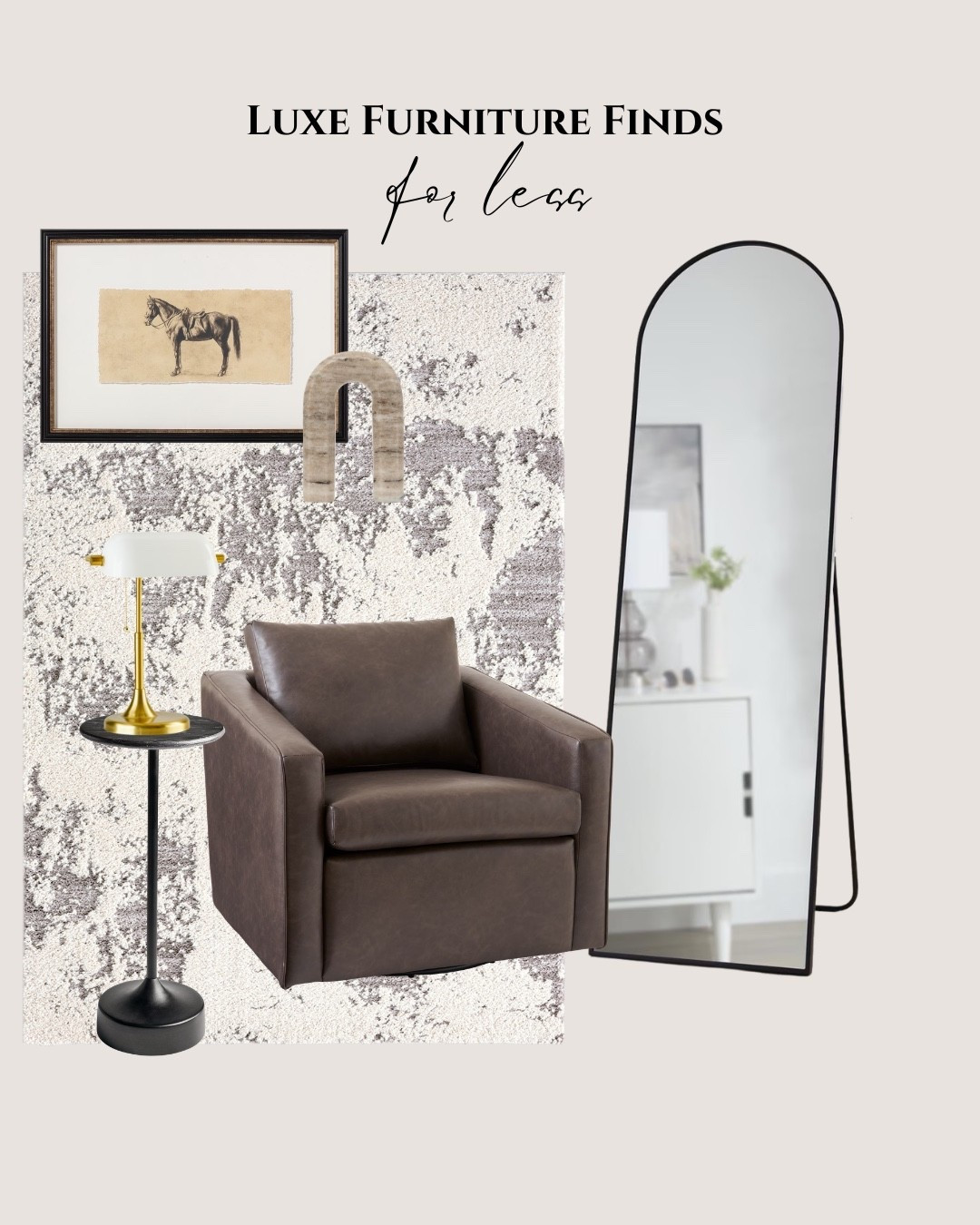 Walmart luxe furniture finds for less: dark brown leather armchair, black side table, gold vintage table lamp, gray modern rug, vintage wall art, modern decor object, black framed tall mirror 

 #LTKHome #LTKSaleAlert