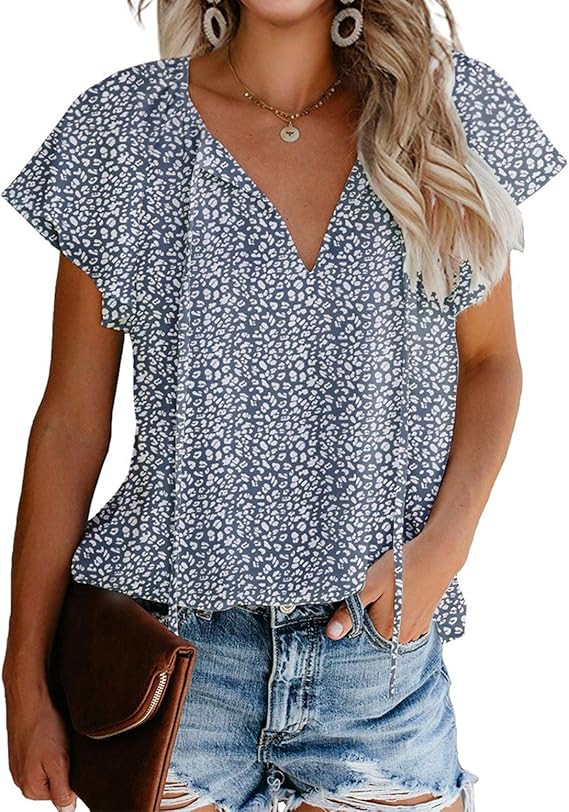 Mansy Women's Casual Floral Print V Neck Ruffle Short Sleeve Summer Shirts Tops Loose Blouses | Amazon (US)