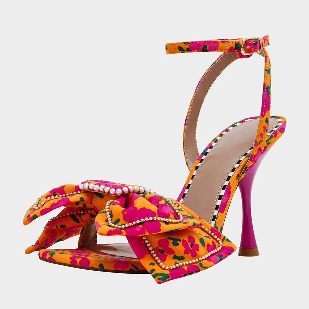 Fuchsia and Orange Flower Open-Toe Pearl Bow Spool Heeled Sandals | FSJshoes.com