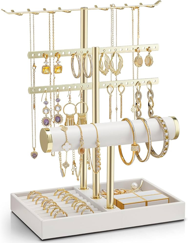 Vlando 3 Tier Jewelry Stand Organizer with Tary, Leather Jewelry Holder Display for Women, Gold J... | Amazon (US)
