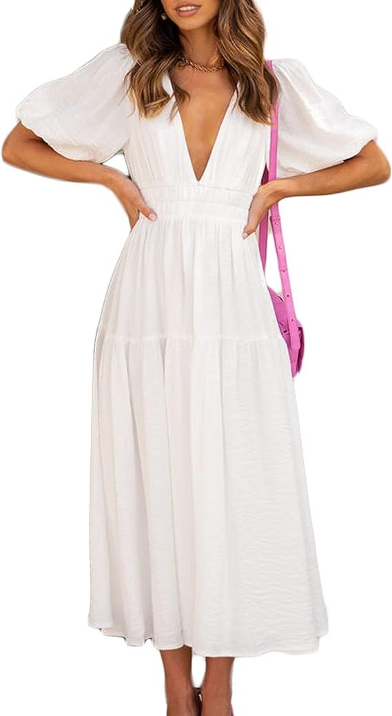 Puff Sleeve V Neck A Line Tiered Maxi Dress for Women Boho Casual Flowy High Waist Beach Vacation... | Amazon (US)