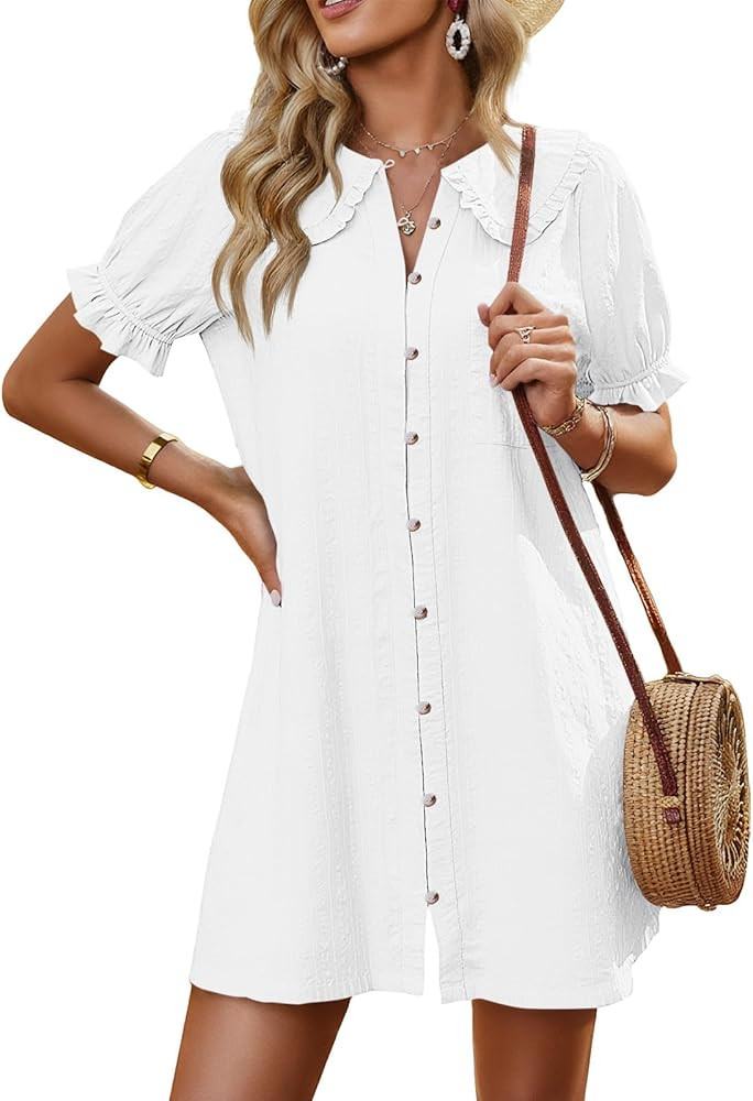 Cicy Bell Womens Peter Pan Collar Puff Short Sleeve Cute Mini Shirt Dress | Amazon (US)
