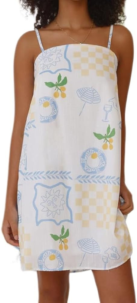 Women Boho Graffiti Cami Mini Dress Spaghetti Strap Printed A Line Short Dress Cute Colorful Sund... | Amazon (US)