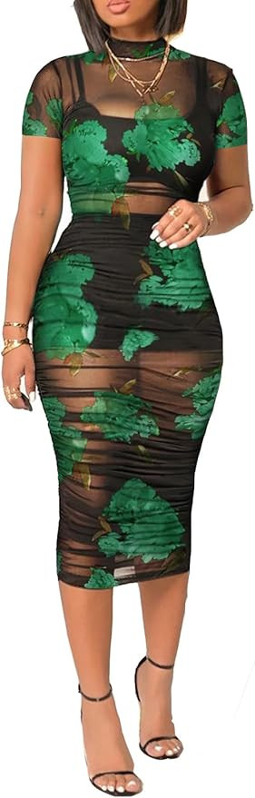 Mojessy Sheer Dress for Women Sexy Short Sleeve Ruched Mesh Bodycon Dress Adjustable Strap Top Mi... | Amazon (US)