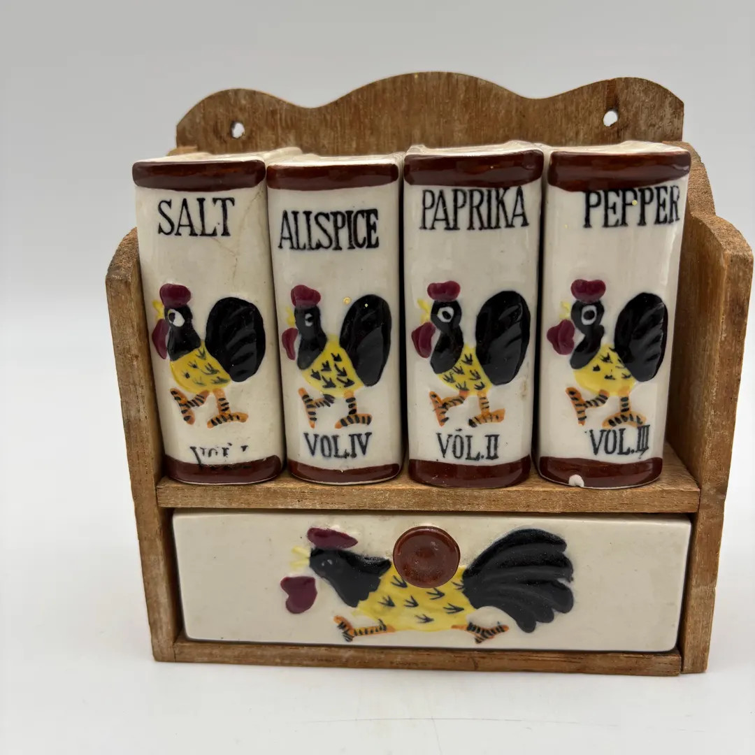 Vintage Wall or Counter Mounted Wood Spice Rack with Ceramic Rooster Motif Spice Jars | Etsy (US)