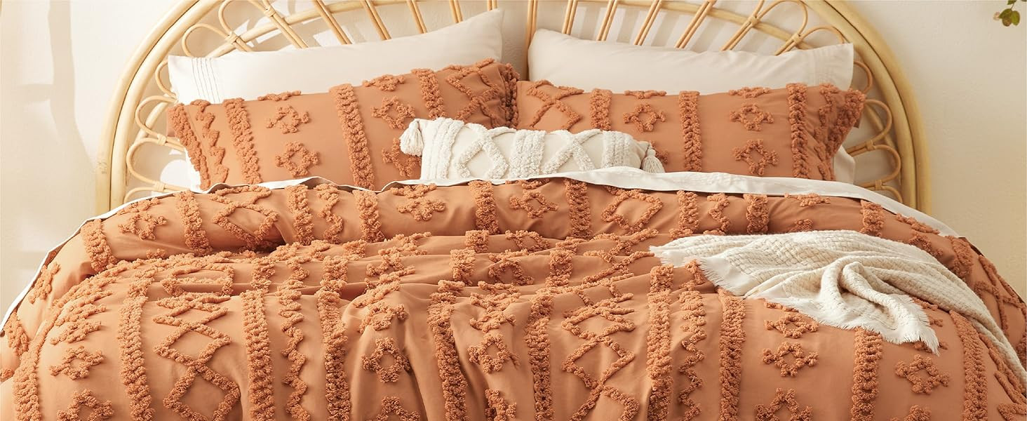 Bedsure Tufted Boho Comforter Set Queen - Pumpkin Boho Bedding Comforter Set, 3 Pieces Farmhouse ... | Amazon (US)