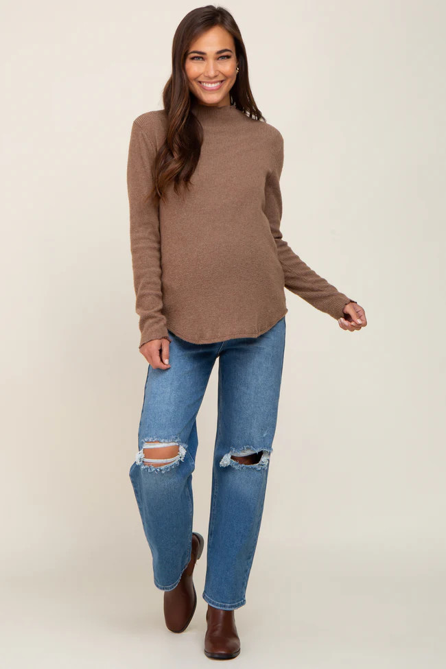 Blue Distressed Knee Straight Maternity Jeans | PinkBlush Maternity