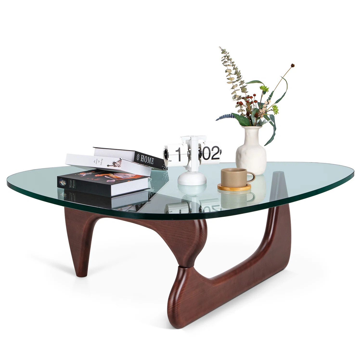 Triangle Glass Coffee Table with Wooden Base Clear Glass Top Mid-Century Abstract Glass Table | AllModern