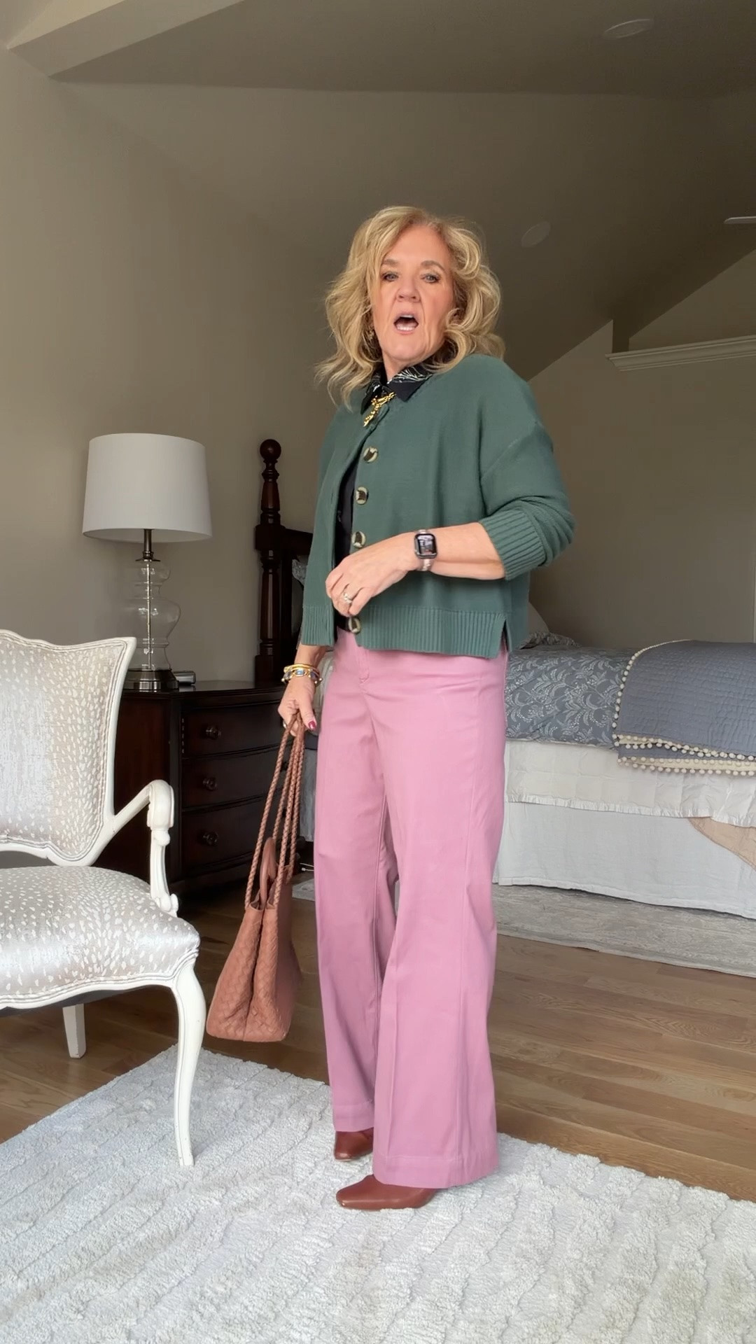 Spanx stretch twill pants on sale! Wearing a med petite 
Green cardigan soldout but there’s a pink brown or blue that’d be pretty.

#LTKOver40 #LTKWorkwear #LTKSaleAlert