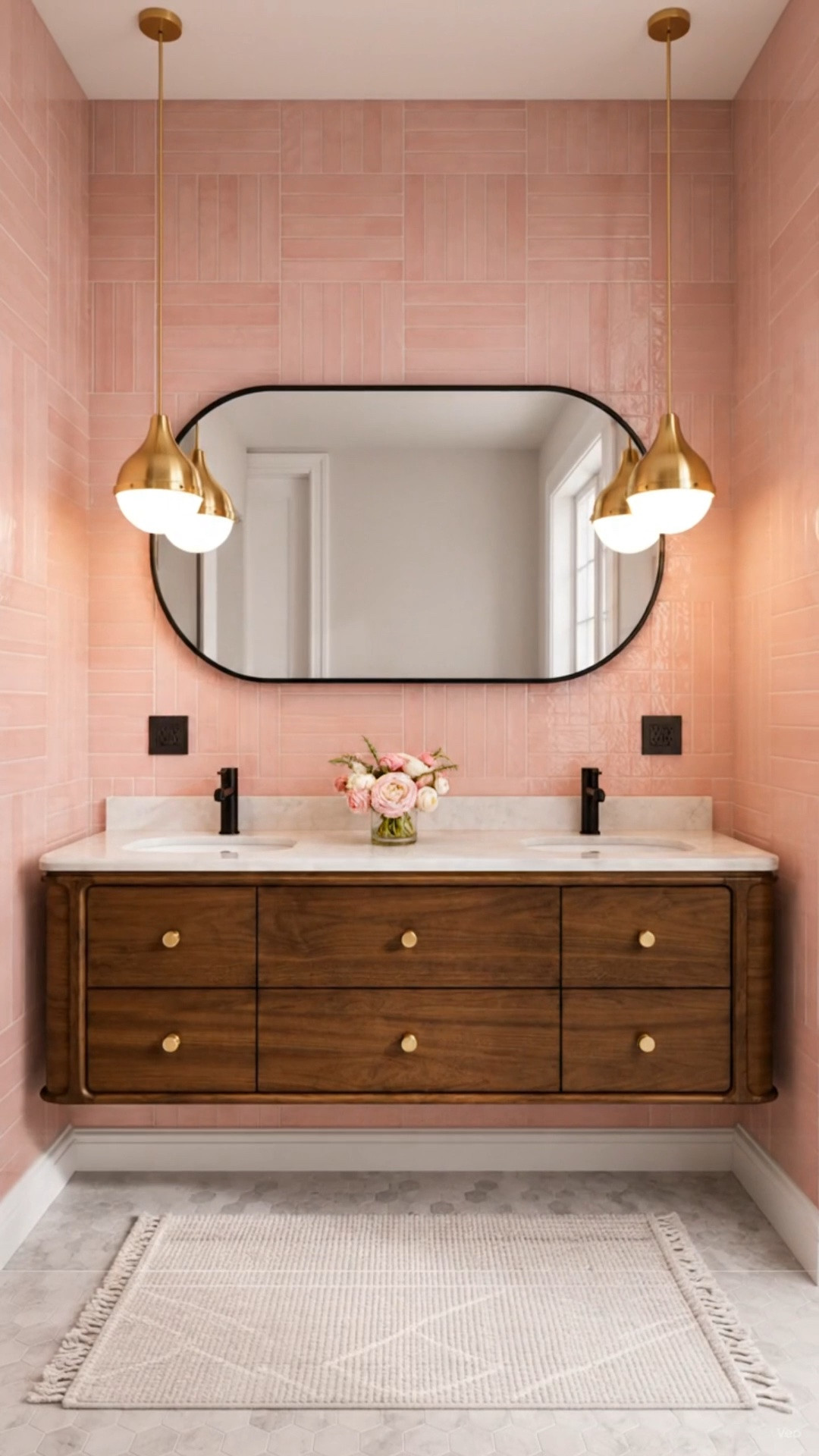 Imagine your morning starting here.

The glossy pink tile gives this bathroom such a romantic, elegant, and sophisticated presence. Paired with the warmth of walnut, the color keeps the wood from feeling too dark or visually heavy, allowing its rich grain and beautifully crafted details to stand out.

The Rejuvenation Esme 60" Wall-Mounted Vanity brings a refined, furniture-inspired quality to the space. Its solid-wood construction, softly rounded silhouette, spacious drawers, and brass hardware give it a beautifully tailored look that feels contemporary yet timeless.

The black-framed curved mirror adds a clean architectural contrast, while the warm brass pendants cast an inviting glow across the pink tile. Finished with a delicate flower arrangement, this bathroom feels romantic, polished, and wonderfully elevated.#BathroomDesign #PinkBathroom #PinkTile #BathroomVanity #FloatingVanity #WallMountedVanity #WalnutVanity #Rejuvenation #EsmeVanity #DoubleVanity #BrassPendant #BathroomLighting #BathroomMirror #FlowerArrangement #ModernClassic #InteriorDesign #LuxuryBathroom #RomanticInteriors #SophisticatedStyle

#LTKHome #LTKdayinmylife #LTKHome #LTKSaleAlert