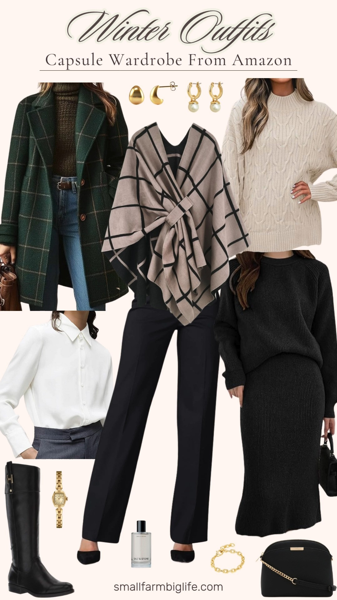 Winter capsule, Amazon edition. ❄️ Mixing cozy classics like a black + tan plaid shawl wrap, cream cable knit, and a green plaid jacket with black pants, knee high boots, a sleek black bag, and gold accessories for the easiest cold weather outfits. Everything pairs effortlessly so getting dressed feels zero stress. 

 #LTKOver40 #LTKFindsUnder50 #LTKWorkwear