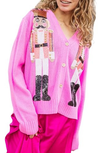 Pink Sequin Nutcracker Cardigan Glitter Soldier Open Front Christmas Sweater Long Sleeve Button Down Knitted Sweater (Cute Pink,Large) | Amazon (US)