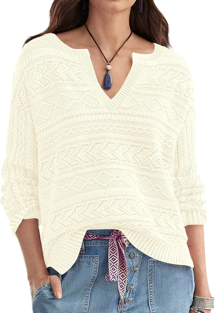 FERBIA Women's V Neck Cable Knit Pullover Sweaters Casual Long Sleeve Side Slits Hollow Out Tunic... | Amazon (US)