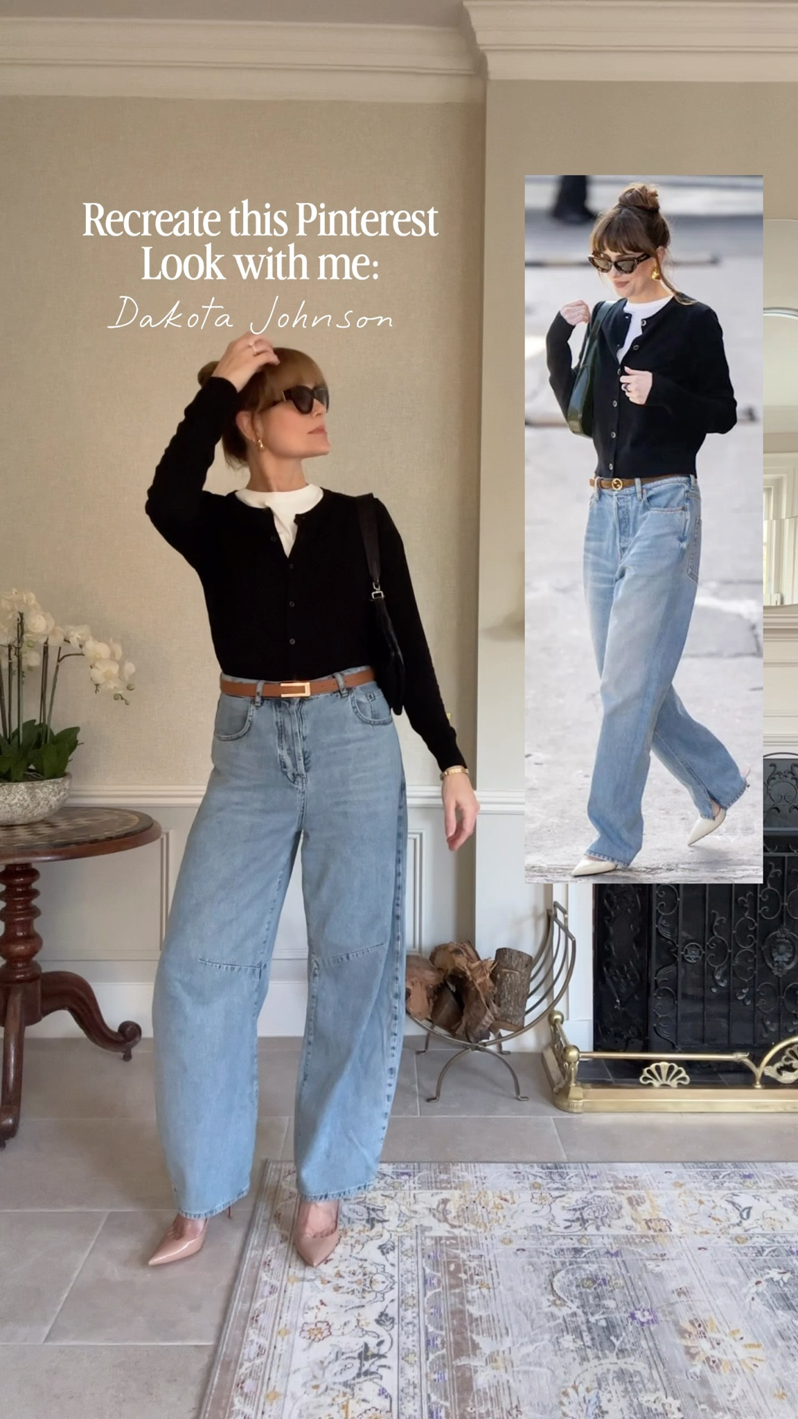 Creating a Pinterest look: Dakota Johnson
Barrel jeans size 10
Black cardigan size L
White tee size 
Tan belt
Louboutins 


#LTKuk #LTKstyletip