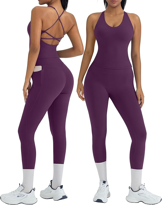 OMKAGI 2 Piece Workout Sets for Women Padded Workout Tops Booty Leggings with Pockets Gym Sets | Amazon (US)