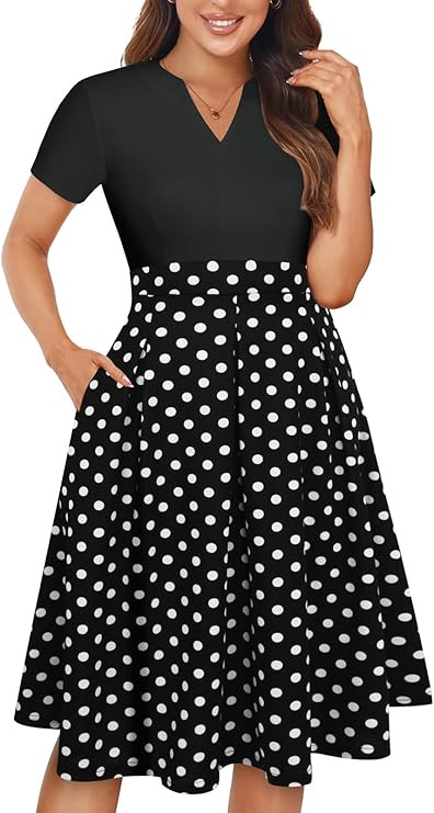 YATHON Womens Elegant Print Notched Neck Slant Pocket Pleated Hem Casual A-Line Dress | Amazon (US)