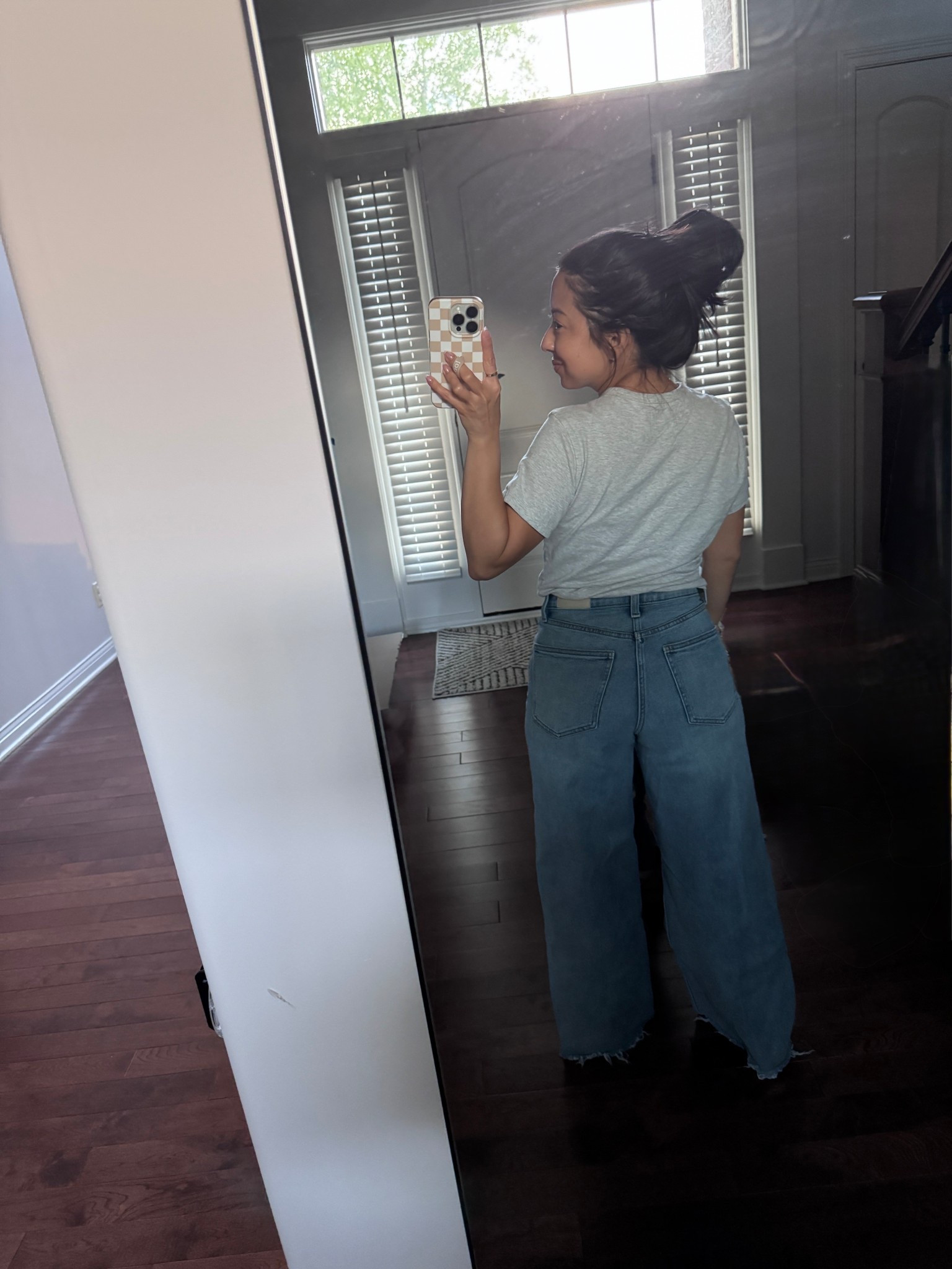 The perfect everyday simple short sleeve crewneck tee from Abercrombie. I sized up one size to medium for slightly looser fit and I love it. 
Jeans are pistola from Anthropologie size 26 petite. The are wide leg and hold you in. Make the booty look good!
Slippers are Uggs. Size 6. 

#LTKPetite #LTKmomlife #LTKootd