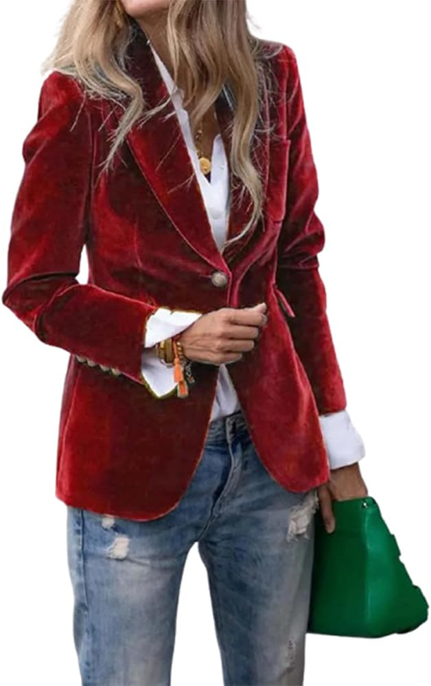 Women's Velvet Blazer – Single Button Business Casual Jacket with, Long Sleeve Soft Velvet Suit... | Amazon (US)