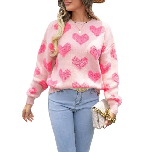 bbpawing Valentine Heart Sweater for Women Kawaii Casual Crewneck Long Sleeve Knitted Pullover Sweaters Pink | Amazon (US)