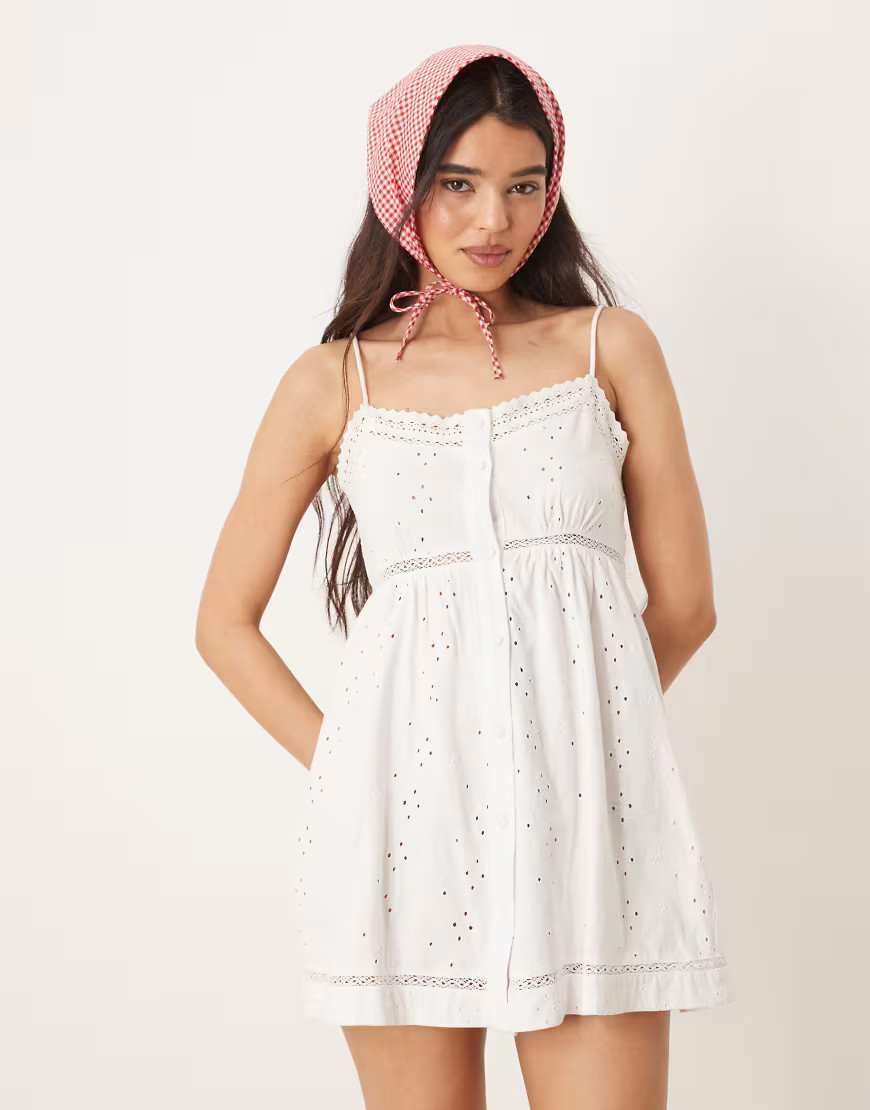 ASOS DESIGN eyelet cami button through mini dress in white | ASOS (Global)