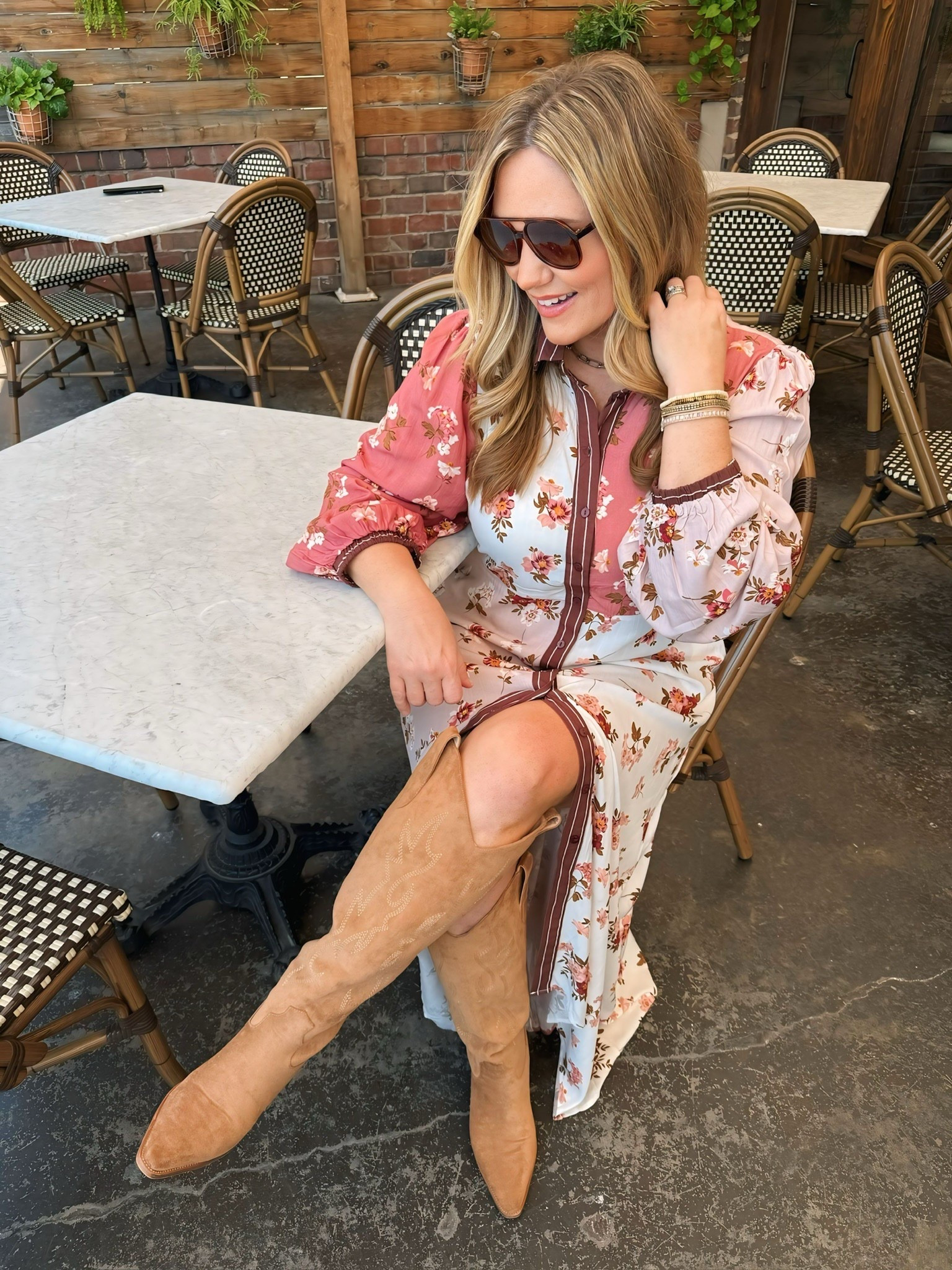 Bright colors meet fall style! This Petal & Pup long dress paired with cowboy boots and Sojo sunglasses is the perfect mix of bold and seasonal. Use code: AUDRIE20 to save on your Petal + Pup purchase!

Long Dress Cowboy Boots Sunglasses Fall Look Bold Colors Gold Bracelets 