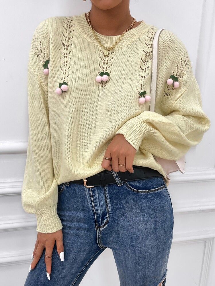 Pompom Detail Pointelle Knit Drop Shoulder Sweater | SHEIN