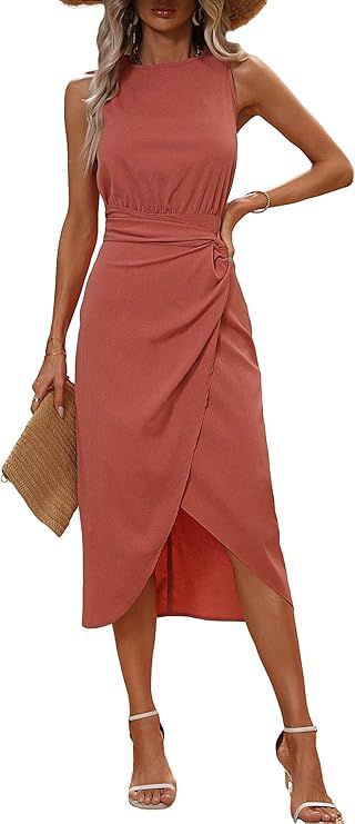 Milumia Women's Summer Wrap Hem Ruched Midi Dress Sleeveless Twist Side Tank Dresses | Amazon (US)