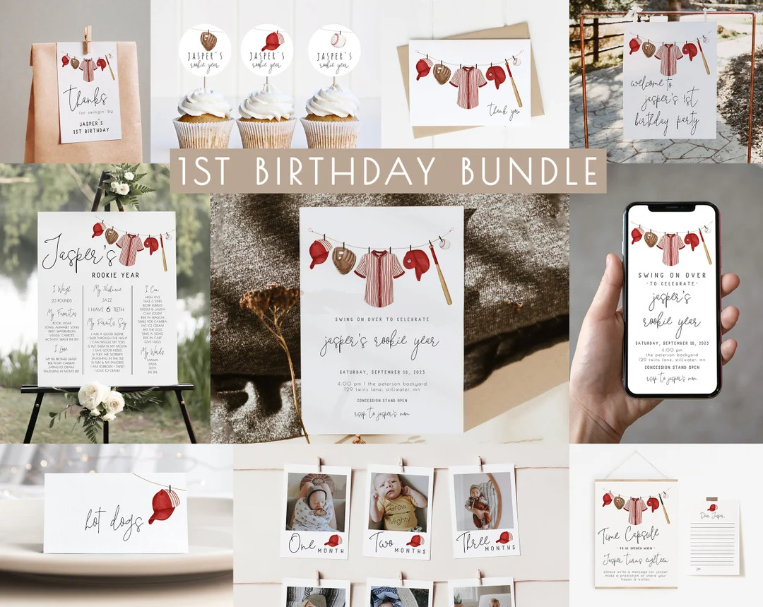 Baseball 1st Birthday Bundle Editable Template Set | Rookie Year Baseball First Birthday Invitati... | Etsy (US)