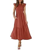 OFEEFAN Women's Casual Maxi Dresses with Pockets Ruffle Sleeve Smocked Dress XS-2XL | Amazon (US)