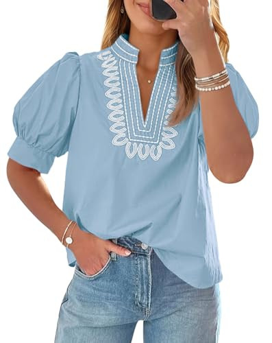 Cicy Bell Womens Puff Short Sleeve Blouses Summer Casual Dressy Embroidered V Neck Tops Loose Fit Tee Shirts Sky Blue | Amazon (US)