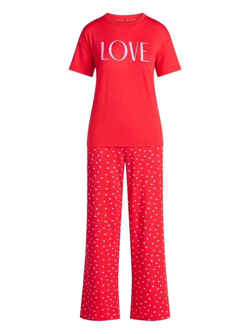 Joyspun Women's Dreamy Soft Collection Short Sleeve Sleep Top and Open Leg Pants Pajama Set, 2-Pi... | Walmart (US)