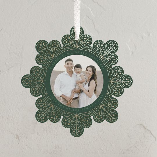 "Scandinavian Snowflake" - Customizable Foil-pressed Holiday Ornament Cards in Green by Amy Payne... | Minted