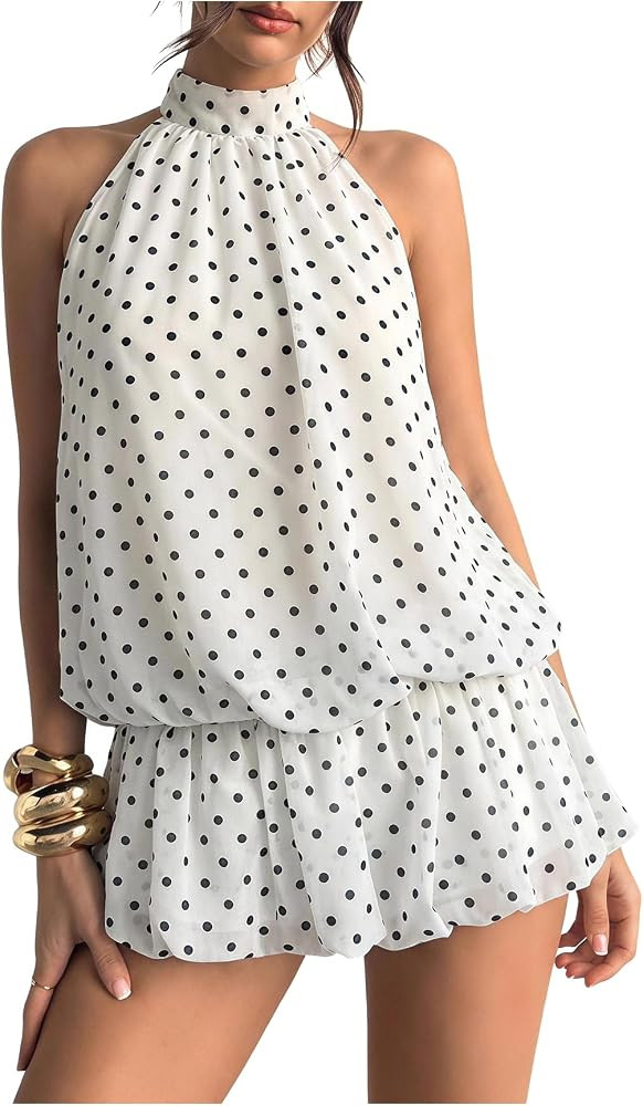 Floerns Women Backless Sleeveless Ruffle Bubble Hem Mesh Halter Mini Dress | Amazon (US)