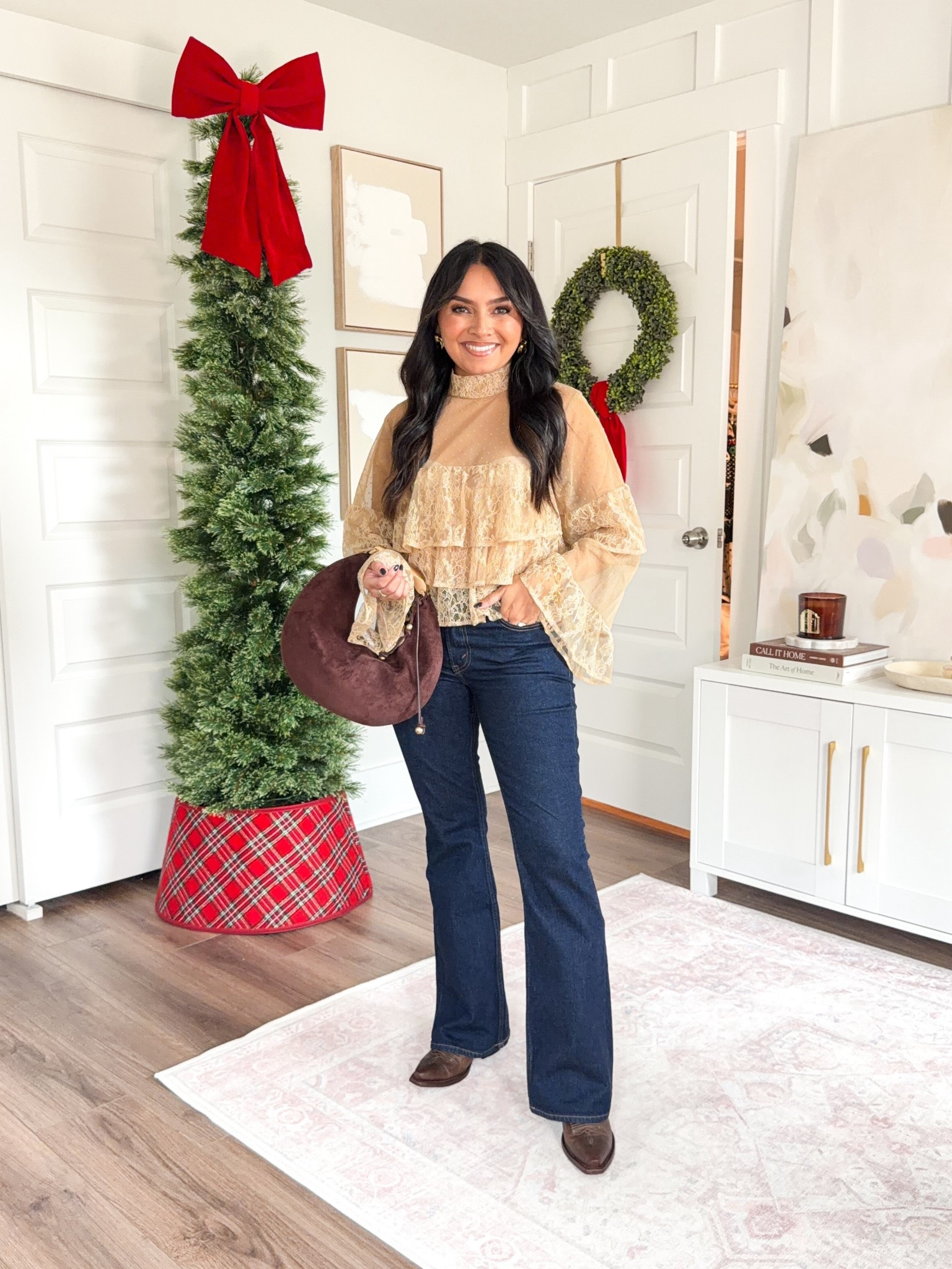 Ivory sand lace ruffle top size xs petite TTS
Dark rinse mid rise bootcut jeans size 26 short TTS
Cafe brown cowgirl boots size 5.5 - size down a half size


#LTKGiftGuide #LTKPetite #LTKHoliday