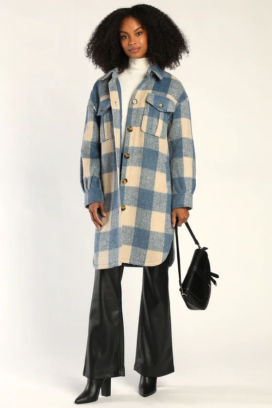 Snow Day Darling Blue and Cream Plaid Coat | Lulus (US)