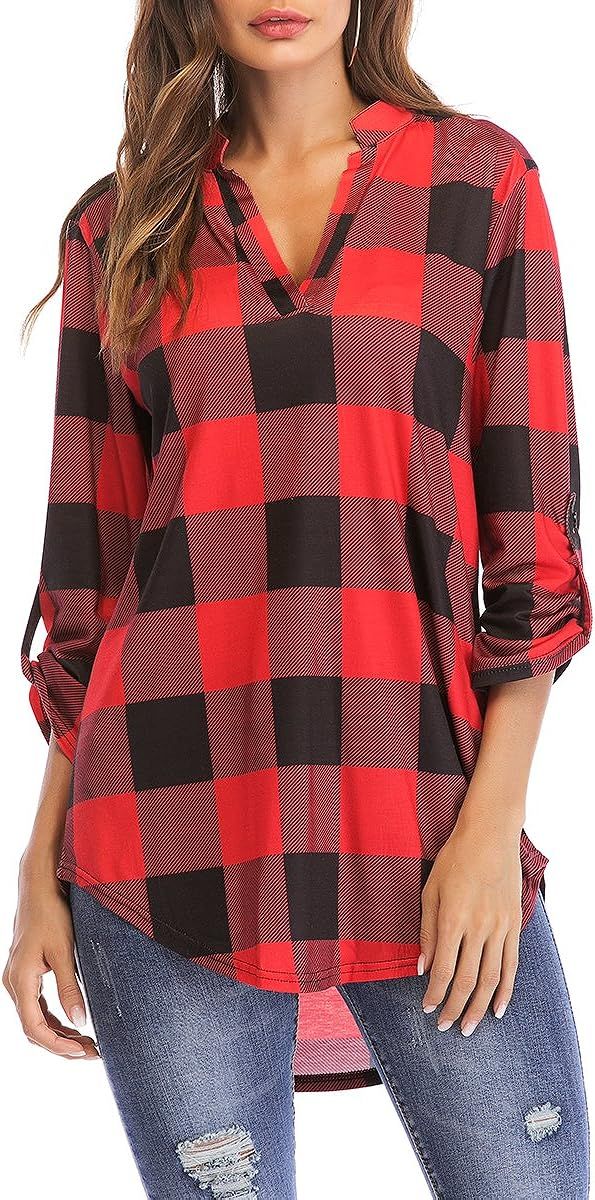St. Jubileens Women Roll-Up 3/4 Sleeve Plaid Shirt Tunic V Neck Casual Pullover Blouses Tops | Amazon (US)