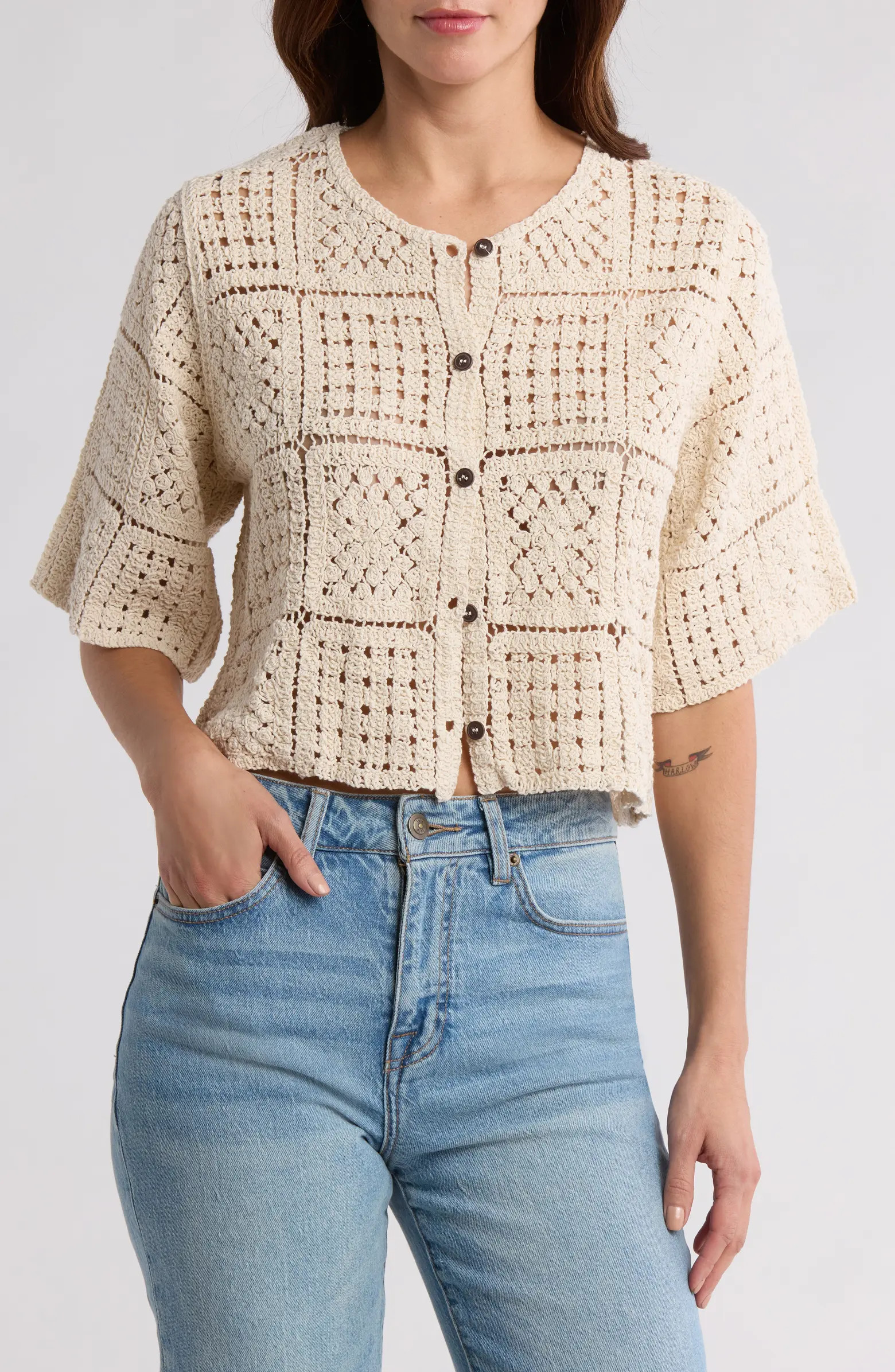 Crochet Short Sleeve Button-Up Top | Nordstrom Rack