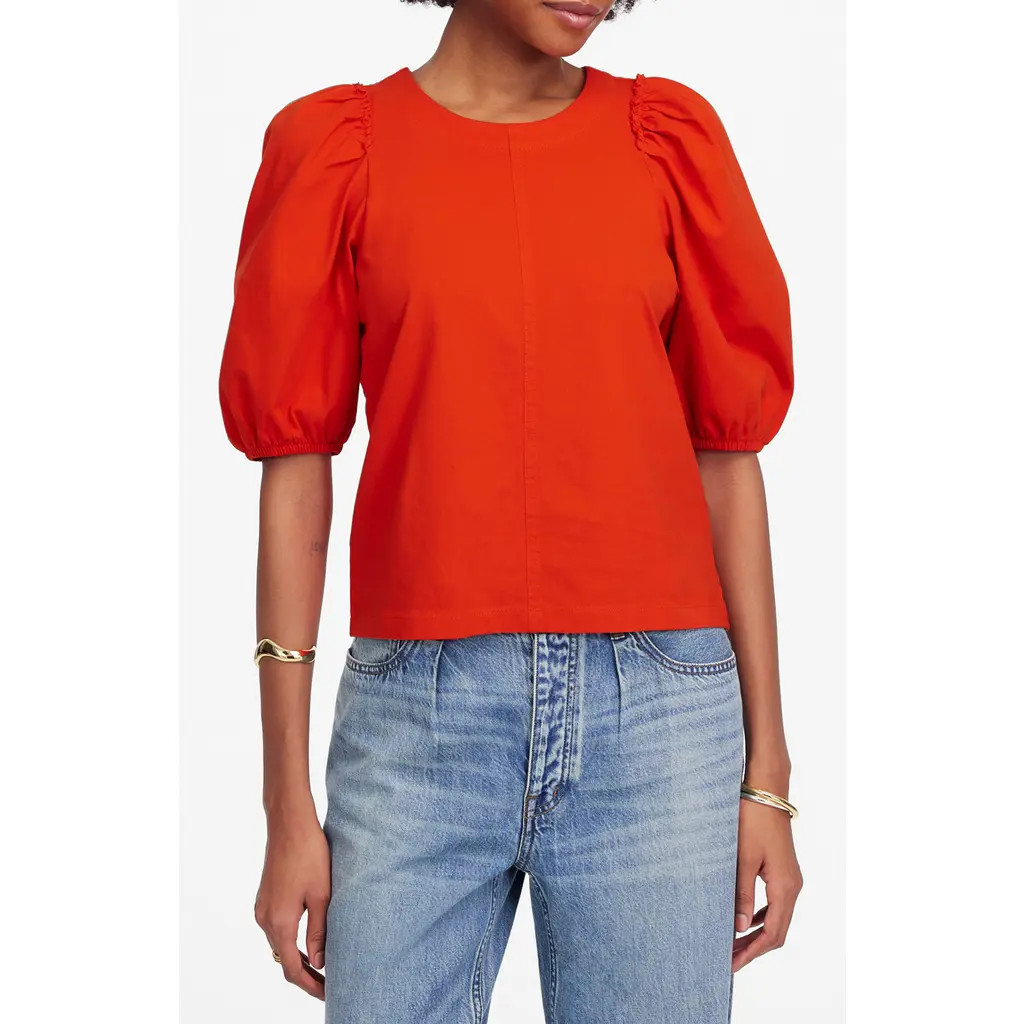 Madewell Puff Sleeve Cotton T-Shirt in Bright Flame at Nordstrom, Size X-Small | Nordstrom