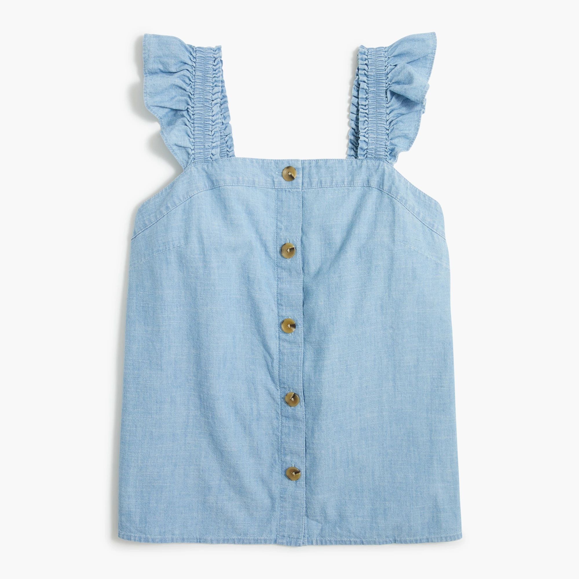 Chambray button-front tank top with ruffle straps | J.Crew Factory