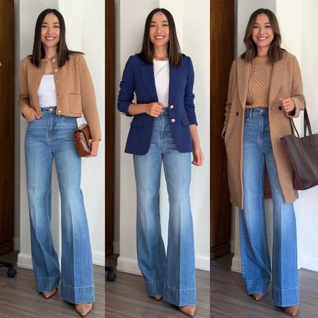 Wide leg / Flare denim trousers styled 3 ways 

•Jeans - 25 classic, petite would have been better for a shorter heel. I’m wearing the Chambray blue wash
•Sweater jacket xs
•Tops xs 

#LTKstyletip #LTKMostLoved #LTKworkwear