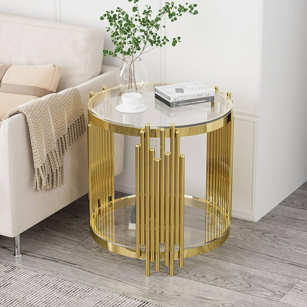 Luxury Round Glass End Table Gold Modern Coffee Table Living Room Table with Irregular Stainless ... | Amazon (US)