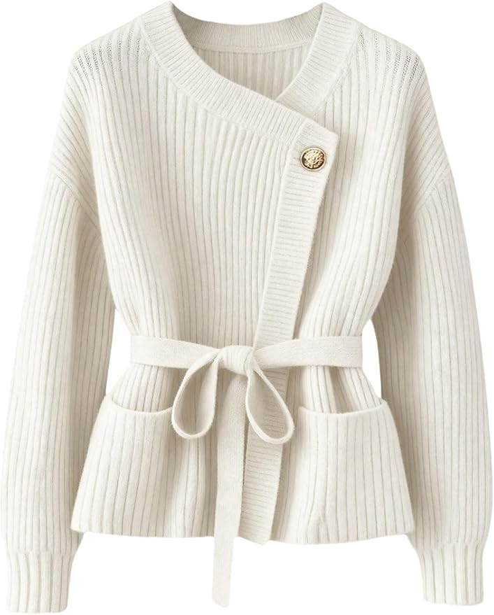 Verdusa Women's Old Money Ribbed Knit Cardigan Long Sleeve Asymmetrical Belted Sweaters | Amazon (US)